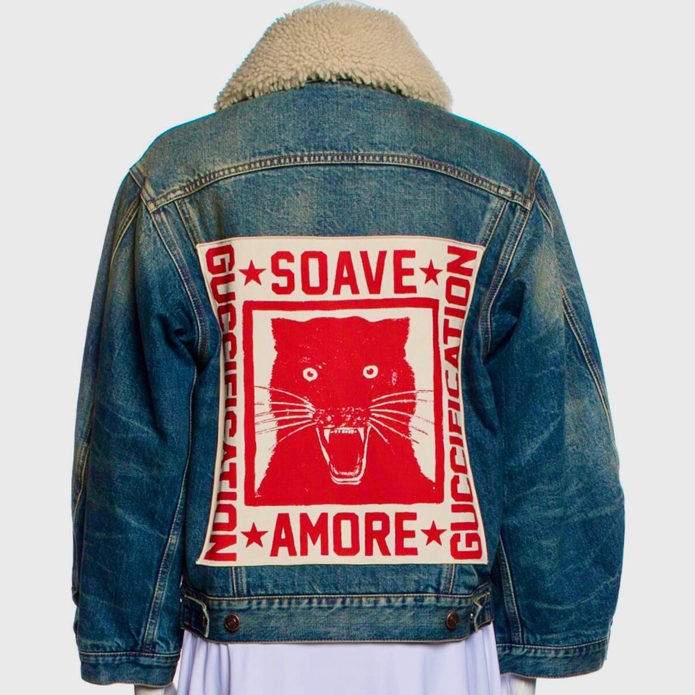 Gucci ,,Guccification'' Tiger Print Denim Jacket with shearling collar - Picture 1 of 12